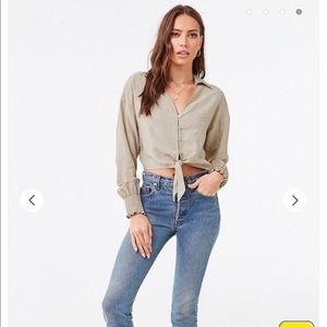 Cropped & tied button up with smocked sleeves